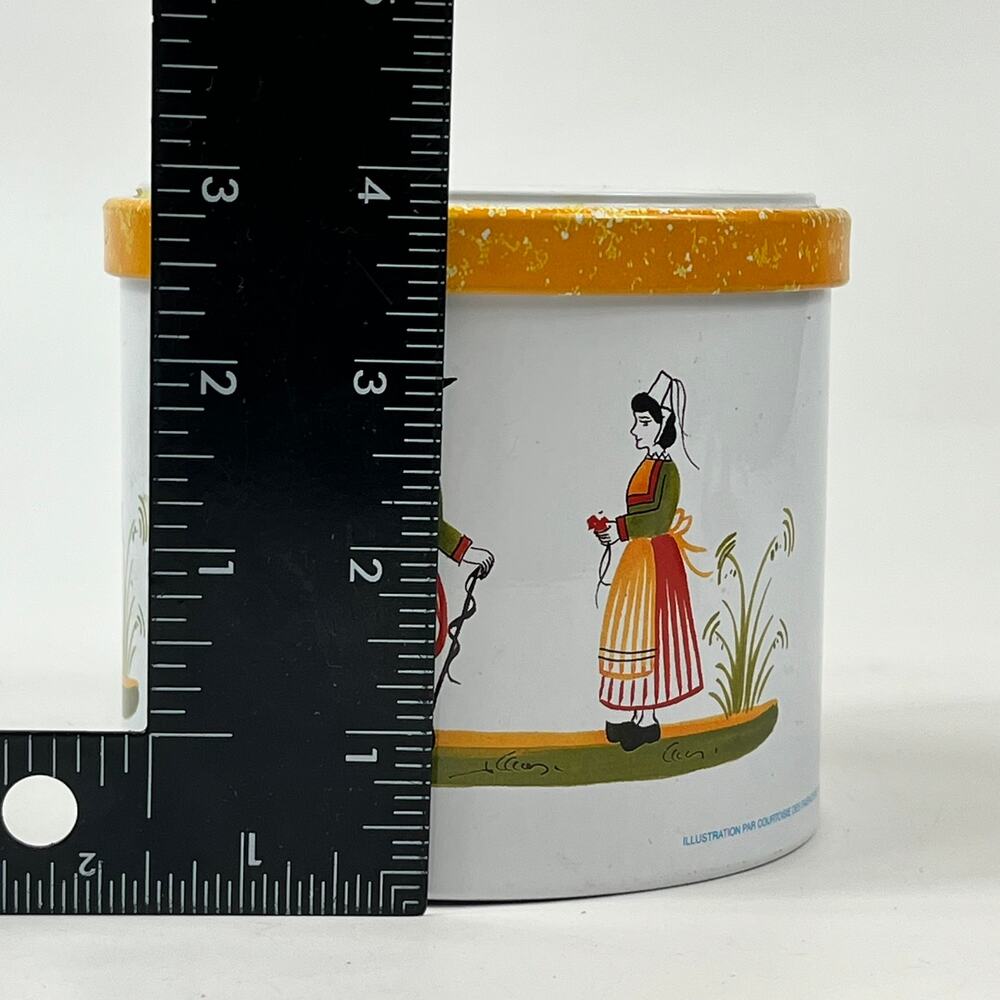 HB Henriot Quimper Yellow Breton Biscuit Tin Massilly France Folk Art 4.5" Round - Picture 10 of 11